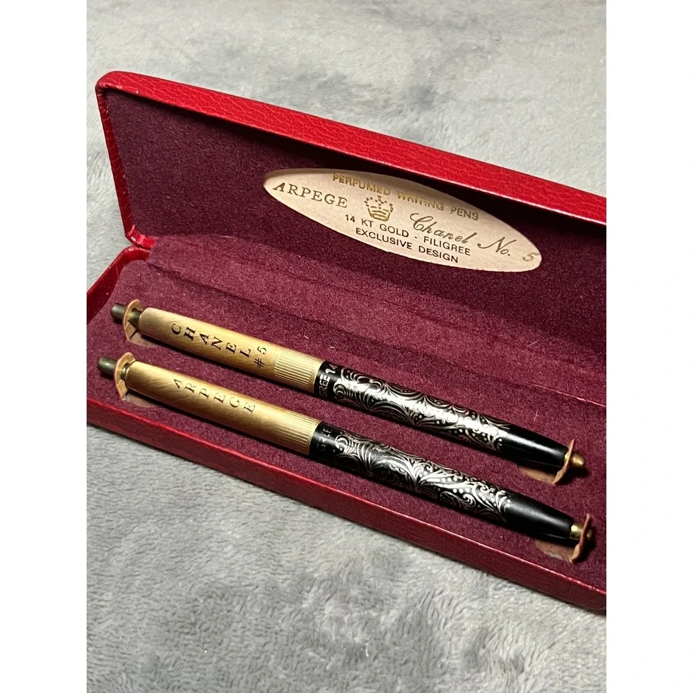 Vintage Arpege Chanel No 5 Perfumed Writing Pens 14KT Gold Filigree Set - Picture 3 of 5